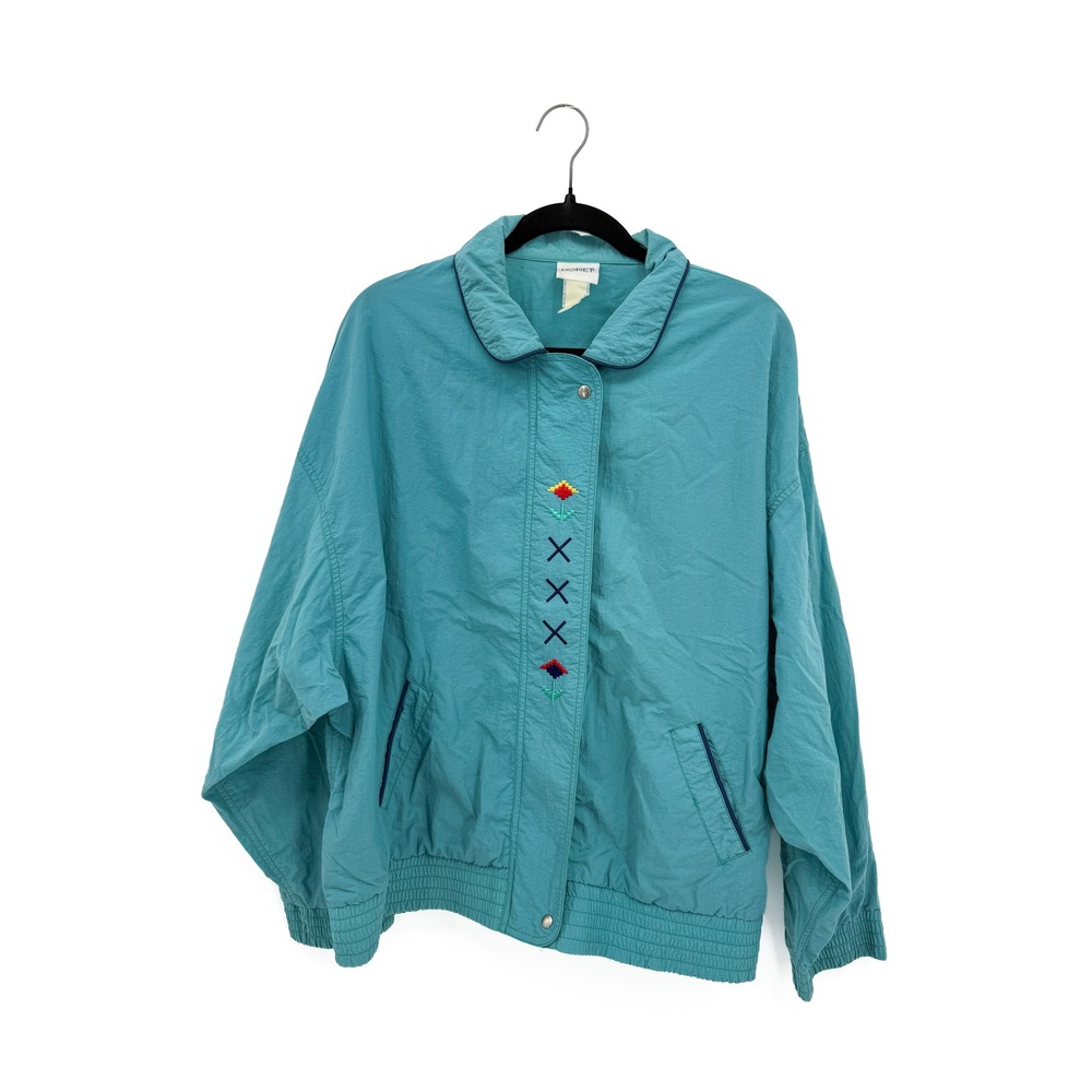 Koret Windbreaker Jacket Women Large Teal Floral Embroidered Bomber Zip 0054